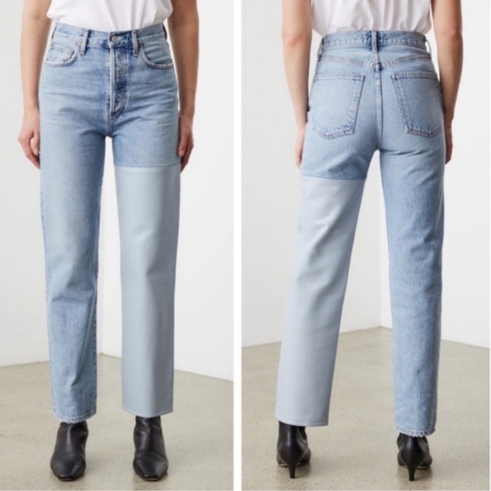 Agolde 90s High Rise 100% Cotton Denim Jeans Leather Design size 30